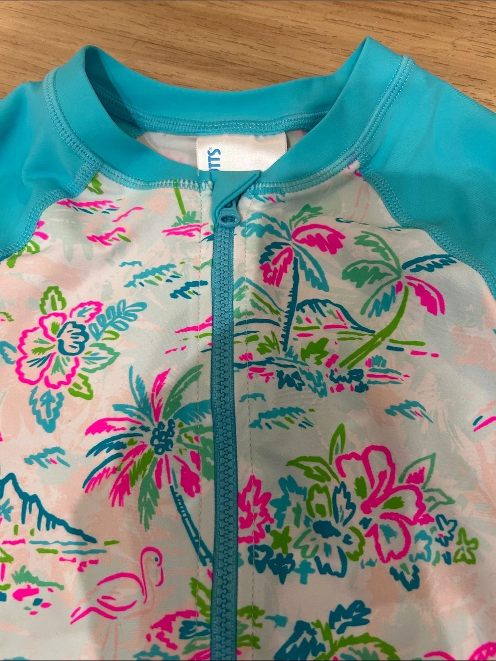 Girls' Long-Sleeve Tropical Zip Rashguard Swimsuit - Aqua